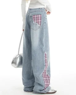 Jeans*Boogzel Clothing Teen Spirit Plaid Patchwork Jeans Blue