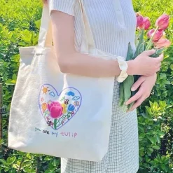 Bags & Purses*Boogzel Clothing Tulip Embroidery Aesthetic Tote Bag White/pink