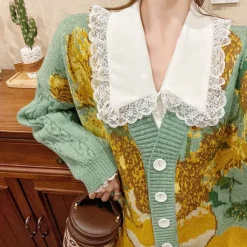 Knit Cardigans*Boogzel Clothing Van Gogh Sunflowers Knit Cardigan Green