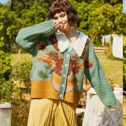 Knit Cardigans*Boogzel Clothing Van Gogh Sunflowers Knit Cardigan Green