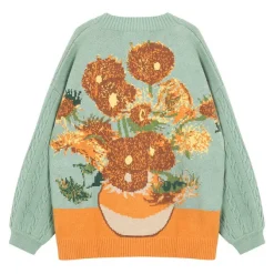 Knit Cardigans*Boogzel Clothing Van Gogh Sunflowers Knit Cardigan Green