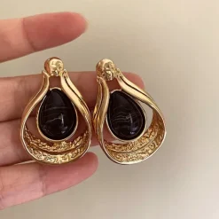 Earrings*Boogzel Clothing Vintage Aesthetic Black Stone Earrings Gold