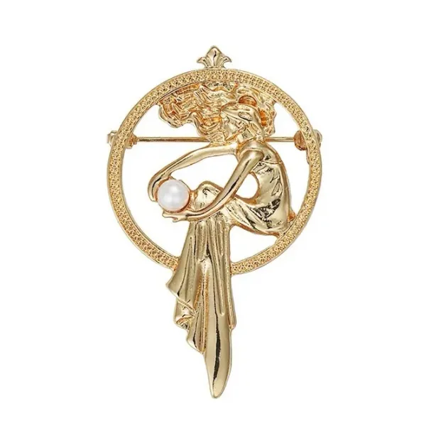 Other*Boogzel Clothing Vintage Aesthetic Girl with a Pearl Brooch Gold