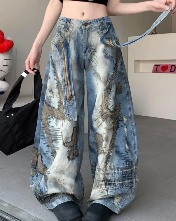 Jeans*Boogzel Clothing Vintage-Style Oversized Sketch Jeans Blue
