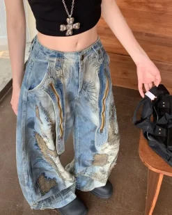 Jeans*Boogzel Clothing Vintage-Style Oversized Sketch Jeans Blue