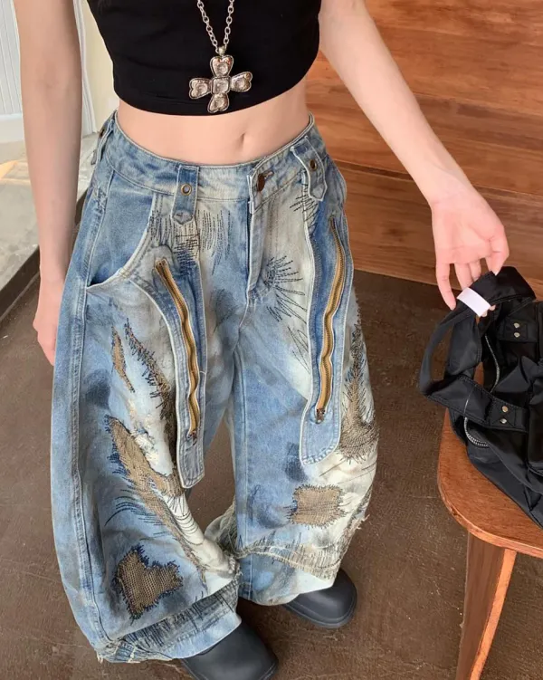 Jeans*Boogzel Clothing Vintage-Style Oversized Sketch Jeans Blue