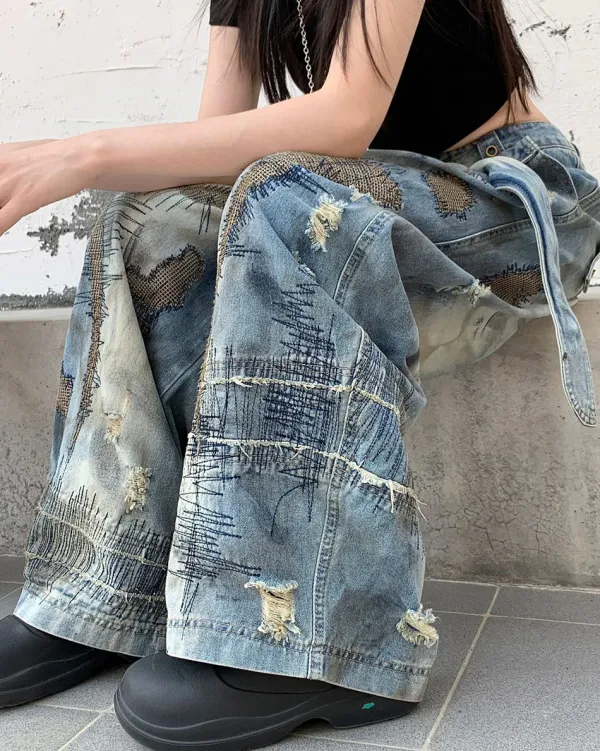 Jeans*Boogzel Clothing Vintage-Style Oversized Sketch Jeans Blue