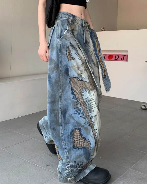 Jeans*Boogzel Clothing Vintage-Style Oversized Sketch Jeans Blue