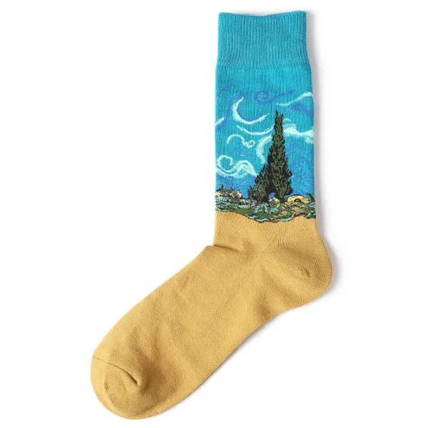 Socks*Boogzel Clothing Wheat Field with Cypresses Socks Blue/yellow