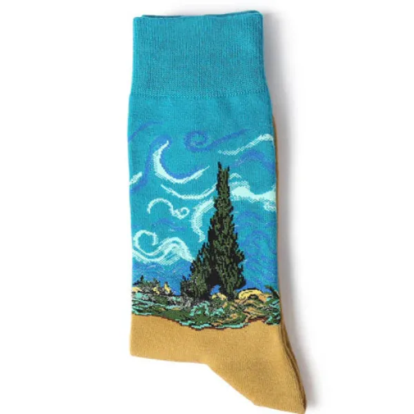 Socks*Boogzel Clothing Wheat Field with Cypresses Socks Blue/yellow