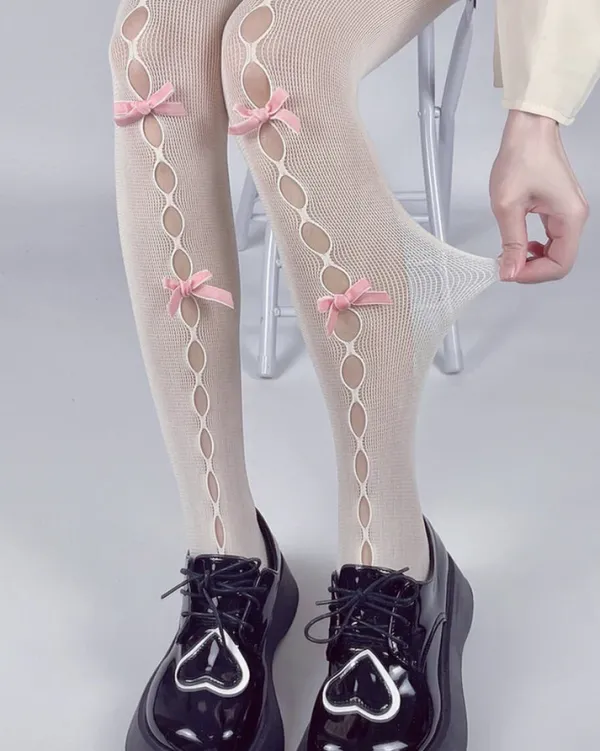 Other*Boogzel Clothing White & Pink Bow Tights