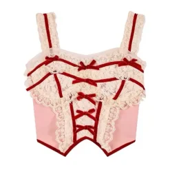 Y2K Tops|Crop Tops*Boogzel Clothing White & Red Coquette Lace Corset Top Pink/red
