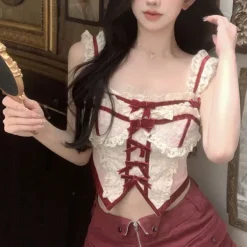 Y2K Tops|Crop Tops*Boogzel Clothing White & Red Coquette Lace Corset Top Pink/red