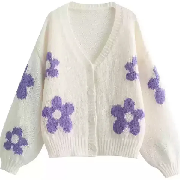 Knit Cardigans*Boogzel Clothing White Knit Cardigan with Purple Flower White/purple