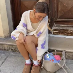 Knit Cardigans*Boogzel Clothing White Knit Cardigan with Purple Flower White/purple