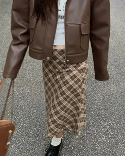 Skirts*Boogzel Clothing Worry Less Plaid Midi Skirt Brown