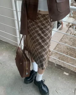 Skirts*Boogzel Clothing Worry Less Plaid Midi Skirt Brown