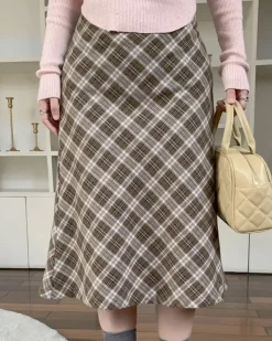 Skirts*Boogzel Clothing Worry Less Plaid Midi Skirt Brown