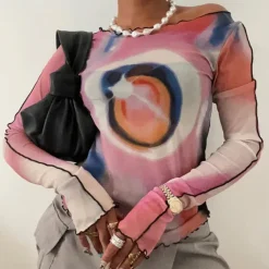Y2K Tops|Long Sleeve Tops*Boogzel Clothing Y2K Aesthetic Galaxy Mesh Top Pink
