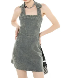 Dresses & Rompers*Boogzel Clothing Y2K Aesthetic Halter Denim Dress Grey