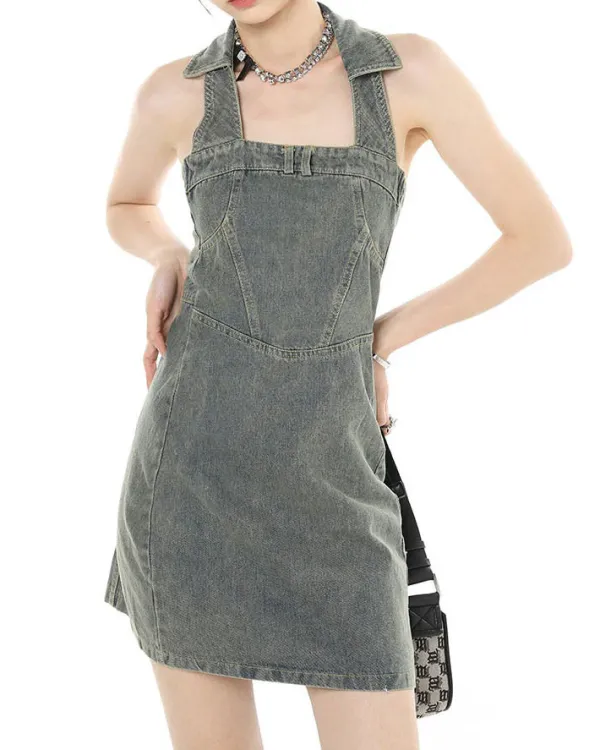 Dresses & Rompers*Boogzel Clothing Y2K Aesthetic Halter Denim Dress Grey