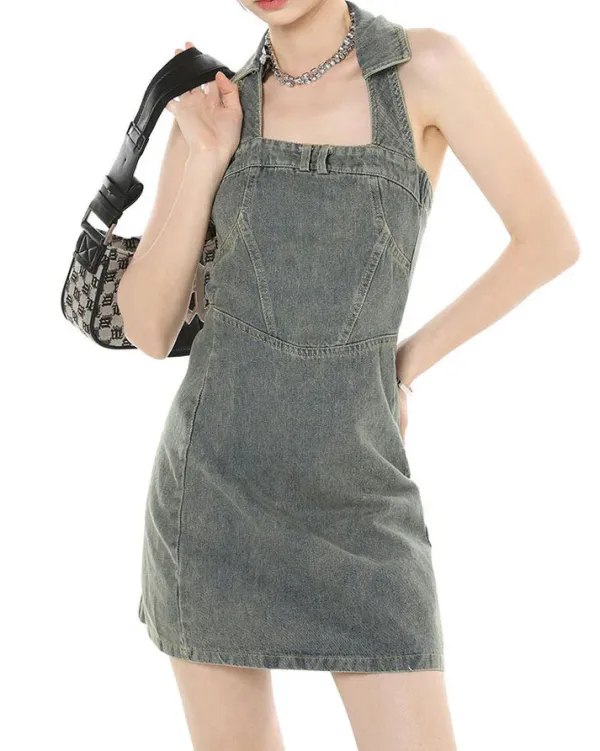 Dresses & Rompers*Boogzel Clothing Y2K Aesthetic Halter Denim Dress Grey