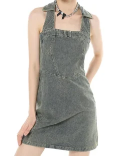 Dresses & Rompers*Boogzel Clothing Y2K Aesthetic Halter Denim Dress Grey