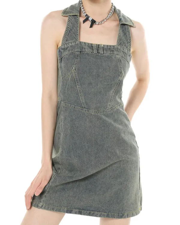 Dresses & Rompers*Boogzel Clothing Y2K Aesthetic Halter Denim Dress Grey