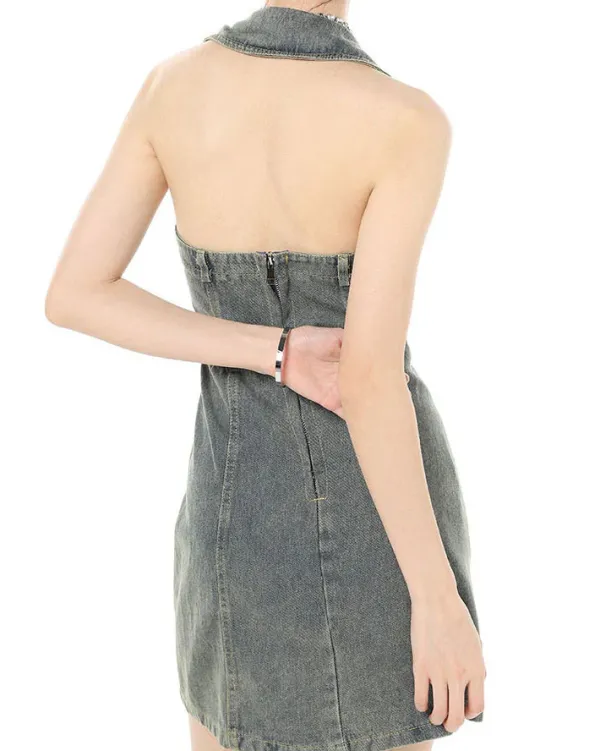 Dresses & Rompers*Boogzel Clothing Y2K Aesthetic Halter Denim Dress Grey