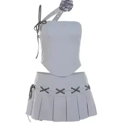 Dresses & Rompers*Boogzel Clothing Y2K Asymmetrical Top & Pleated Mini Skirt Co-Ord Blue