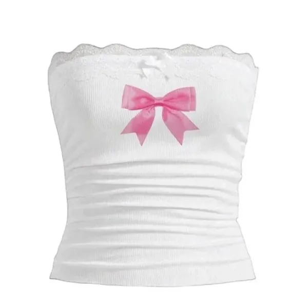 Y2K Tops|Crop Tops*Boogzel Clothing Y2K Bowknot Lace Tube Top White