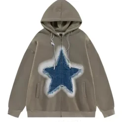 Hoodies*Boogzel Clothing Y2K Denim Star Zip Up Hoodie