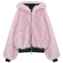 Coats & Jackets*Boogzel Clothing Y2K Fur-Lined Zip-Up Jacket Black/pink