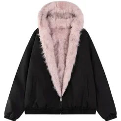 Coats & Jackets*Boogzel Clothing Y2K Fur-Lined Zip-Up Jacket Black/pink