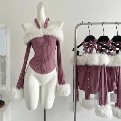 Sweaters|Y2K Tops*Boogzel Clothing Y2K Fuzzy Off Shoulder Knit Top Purple