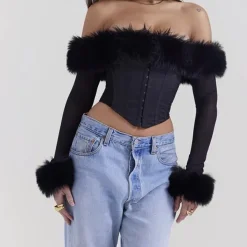 Corset Tops*Boogzel Clothing Y2K Fuzzy Off Shoulder Top Black