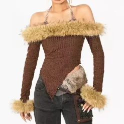Y2K Tops|Long Sleeve Tops*Boogzel Clothing Y2K Fuzzy Off-Shoulder Top Brown