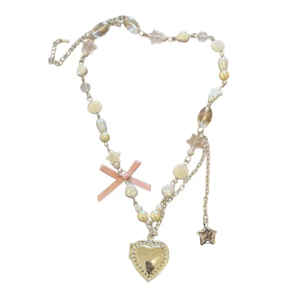 Necklaces & Chokers*Boogzel Clothing Y2K Heart Bow Pendant Necklace Pink