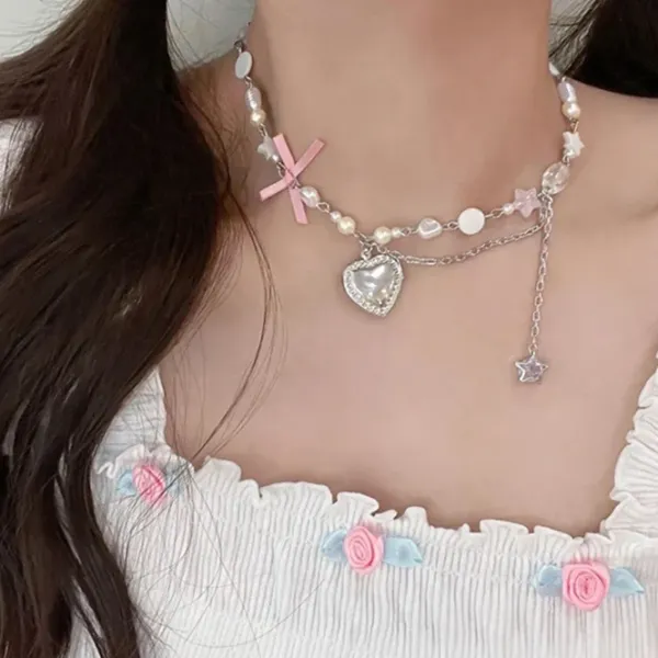 Necklaces & Chokers*Boogzel Clothing Y2K Heart Bow Pendant Necklace Pink