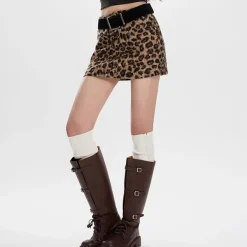 Skirts*Boogzel Clothing Y2K Leopard Fuzzy Mini Skirt Brown