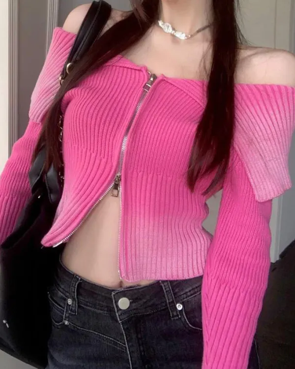 Sweaters|Y2K Tops*Boogzel Clothing Y2K Off-Shoulder Zip-Up Top