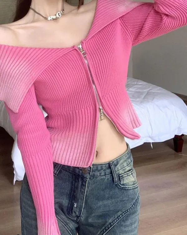 Sweaters|Y2K Tops*Boogzel Clothing Y2K Off-Shoulder Zip-Up Top