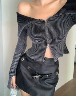 Sweaters|Y2K Tops*Boogzel Clothing Y2K Off-Shoulder Zip-Up Top