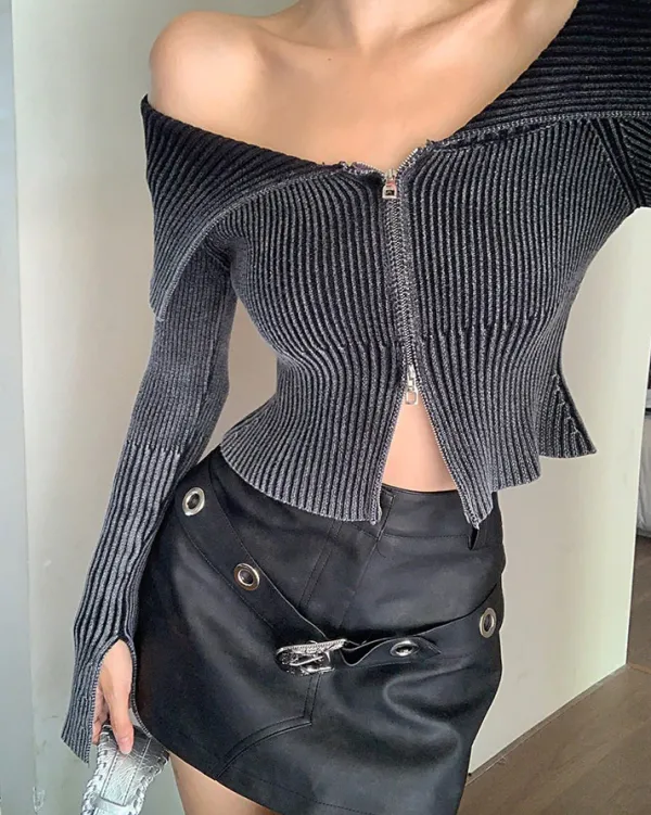 Sweaters|Y2K Tops*Boogzel Clothing Y2K Off-Shoulder Zip-Up Top