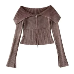 Sweaters|Y2K Tops*Boogzel Clothing Y2K Off-Shoulder Zip-Up Top