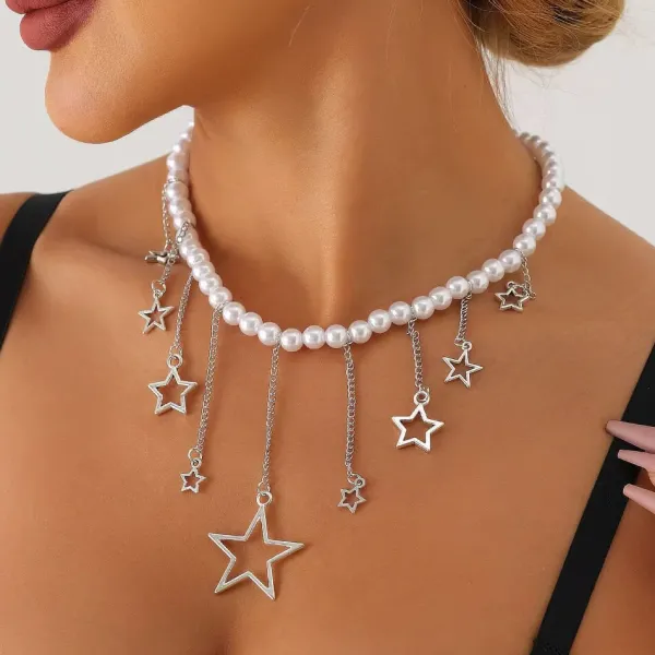Necklaces & Chokers*Boogzel Clothing Y2K Pearl Necklace with Star Charms Silver