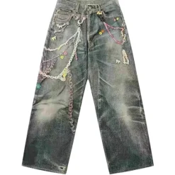Jeans*Boogzel Clothing Y2K Printed Chain & Charm Baggy Jeans Blue