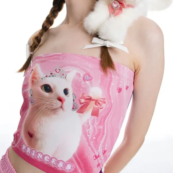 Y2K Tops|Crop Tops*Boogzel Clothing Y2K Queen Cat Tube Top Pink