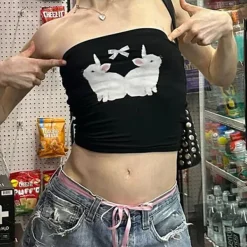 Y2K Tops|Crop Tops*Boogzel Clothing Y2K Rabbit Print Tube Top Black