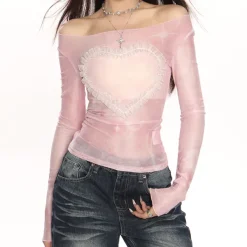 Y2K Tops|Long Sleeve Tops*Boogzel Clothing Y2K Ruffled Heart Long Sleeve Top Pink